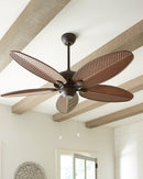 Con hermosas aspas de hoja de palma en dos opciones de acabado distintas, el ventilador de techo Cruise de Monte Carlo brinda una sensación tropical a cualquier habitación, interior o exterior. El Cruise está listado para lugares húmedos y tiene un control remoto opcional y juegos de luces.
