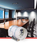 Helicocentrífugo en línea. La carcaza esta fabricada en polipropileno. Motor de inducción asíncrono monofásico. Hélices fabricadas en ABS. Su facilidad de instalación y mantenimiento permite el acoplamiento en cualquier parte del ducto de ventilación en falsos plafones