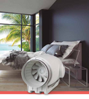 Ventiladores helicocentrífugos de bajo perfil, extremadamente silenciosos, fabricados en material plástico, con recubrimiento interno que direcciona las ondas sonoras y aislamiento fonoabsorbente, juntas de goma en impulsión y descarga para absorber las vibraciones. Cuerpo motor desmontable.