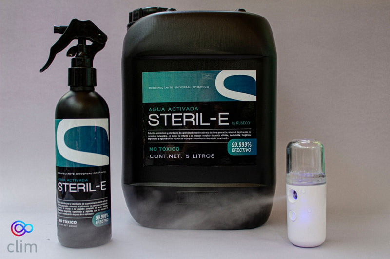 Kit 1 Spray 250 ml de Steril-E,  5 Litros de Steril-E más GRATIS un nebulizador portátil. Solución desinfectante y esterilizante de super oxidación electro-activada de última generación, universal, de PH neutro, no corrosiva, metaestable, no tóxica, no irritante y de espectro completo de acción.