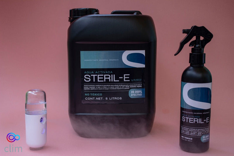 Kit 1 Spray 250 ml de Steril-E,  5 Litros de Steril-E más GRATIS un nebulizador portátil. Solución desinfectante y esterilizante de super oxidación electro-activada de última generación, universal, de PH neutro, no corrosiva, metaestable, no tóxica, no irritante y de espectro completo de acción.